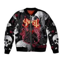 Ghost Valentine Sleeve Zip Bomber Jacket with Rockets Skull Heart Pattern