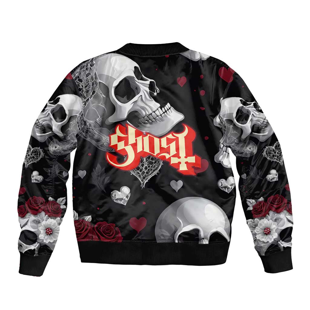 Ghost Valentine Sleeve Zip Bomber Jacket with Rockets Skull Heart Pattern