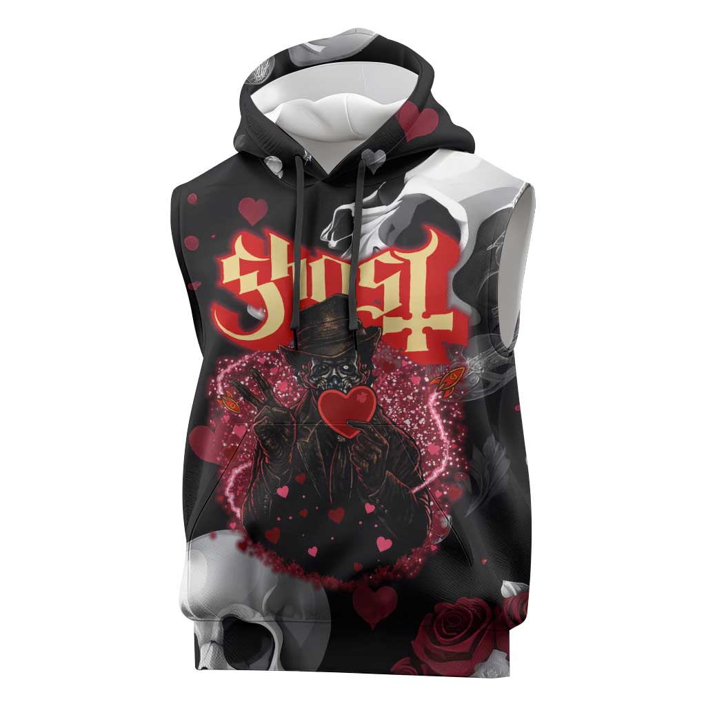 Ghost Valentine Sleeveless Hoodie with Rockets Skull Heart Pattern
