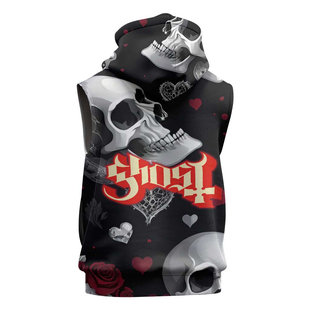 Ghost Valentine Sleeveless Hoodie with Rockets Skull Heart Pattern