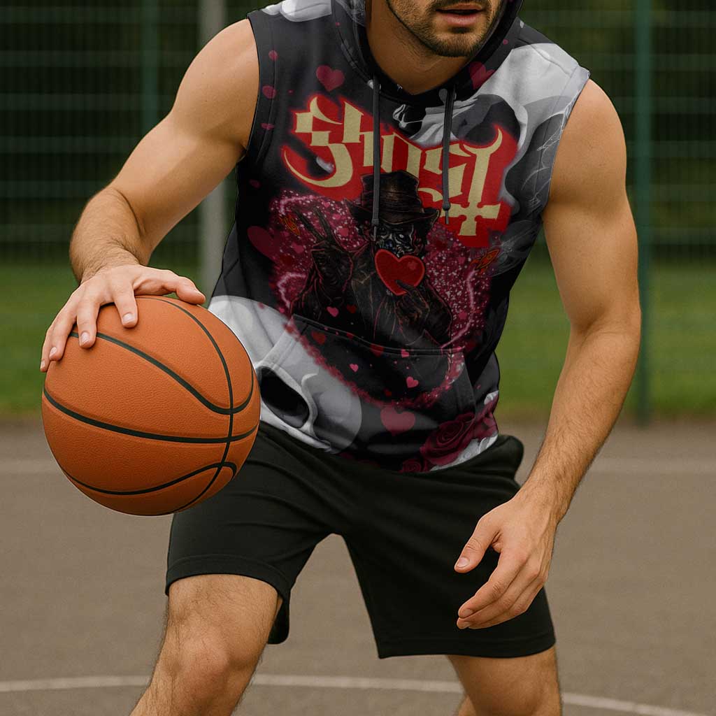 Ghost Valentine Sleeveless Hoodie with Rockets Skull Heart Pattern