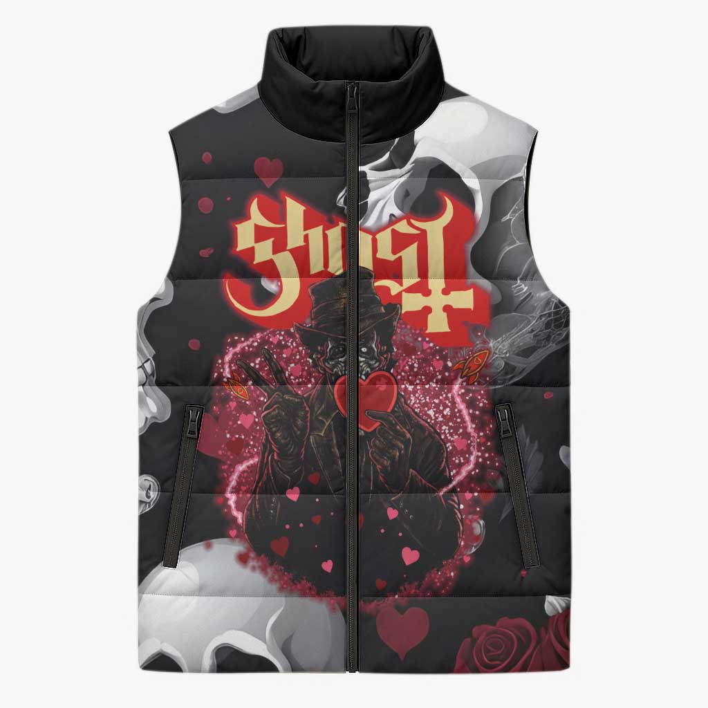 Ghost Valentine Sleeveless Puffer Jacket with Rockets Skull Heart Pattern