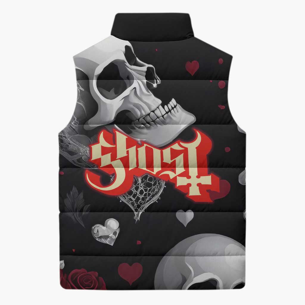 Ghost Valentine Sleeveless Puffer Jacket with Rockets Skull Heart Pattern