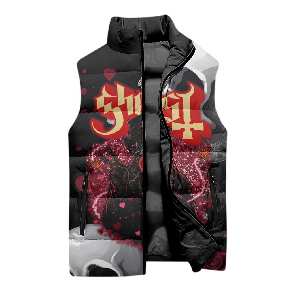 Ghost Valentine Sleeveless Puffer Jacket with Rockets Skull Heart Pattern