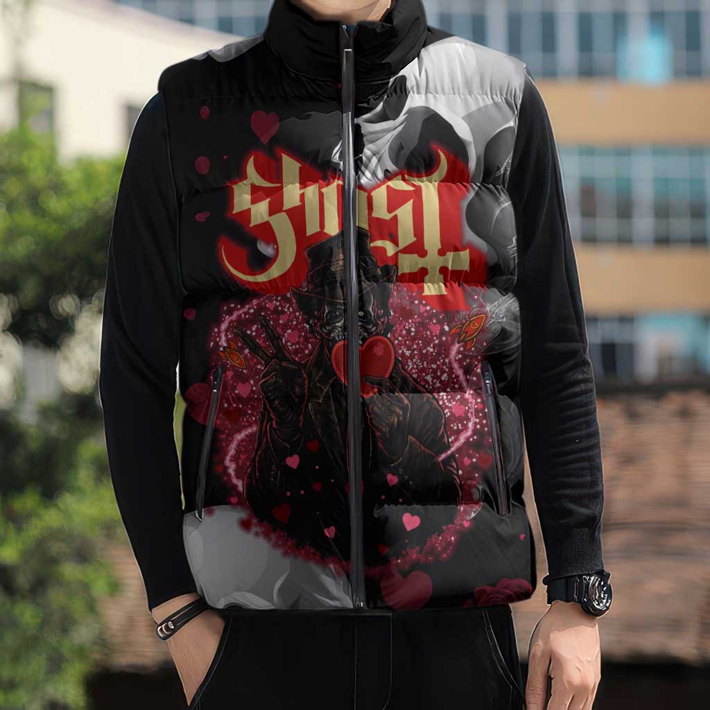 Ghost Valentine Sleeveless Puffer Jacket with Rockets Skull Heart Pattern