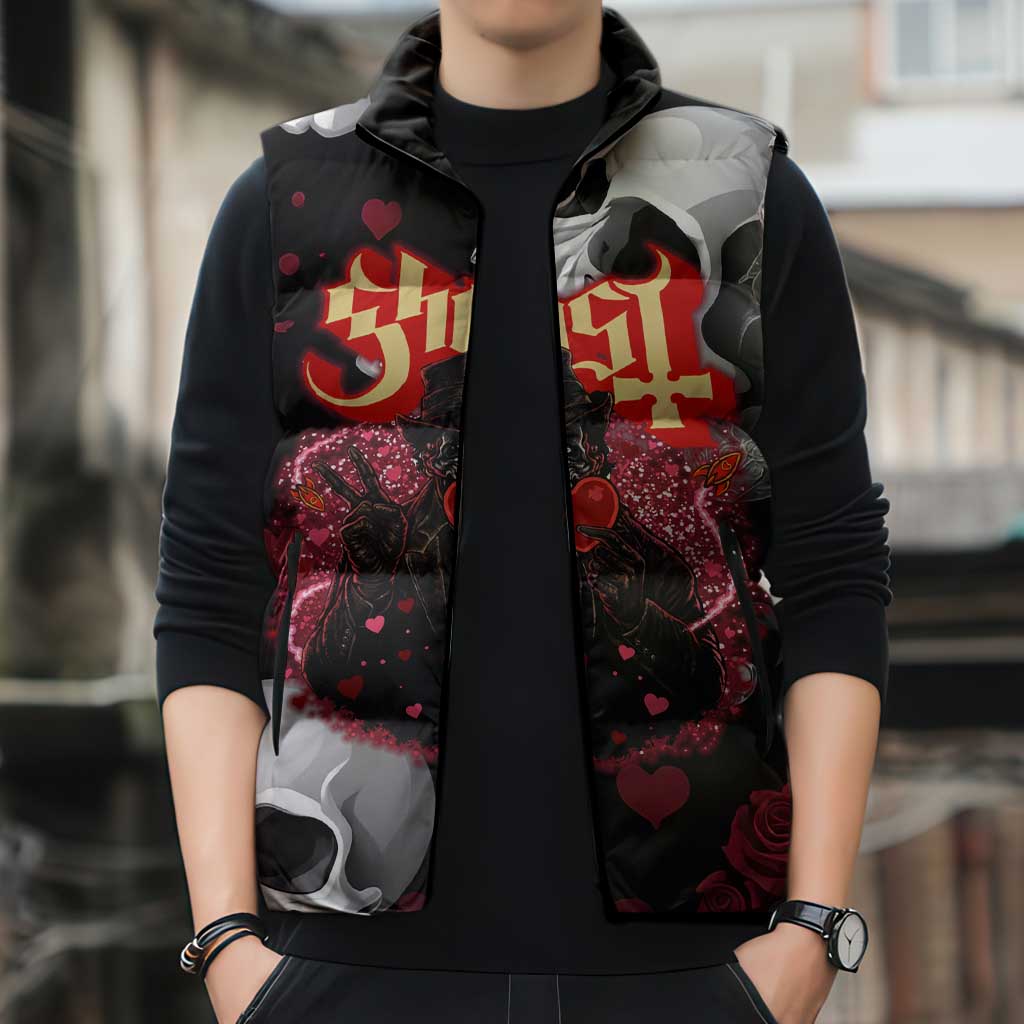 Ghost Valentine Sleeveless Puffer Jacket with Rockets Skull Heart Pattern