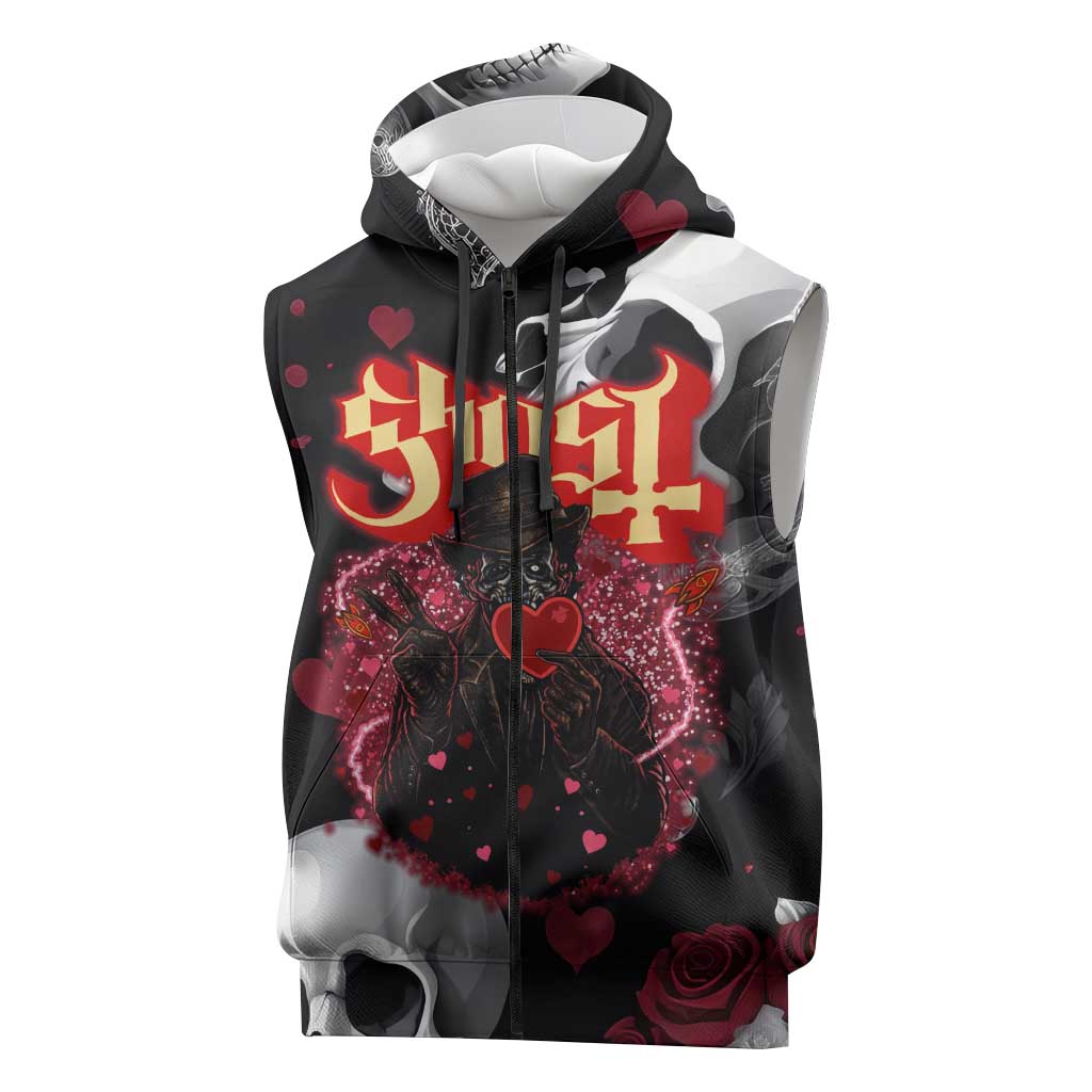 Ghost Valentine Sleeveless Zip Hoodie with Rockets Skull Heart Pattern