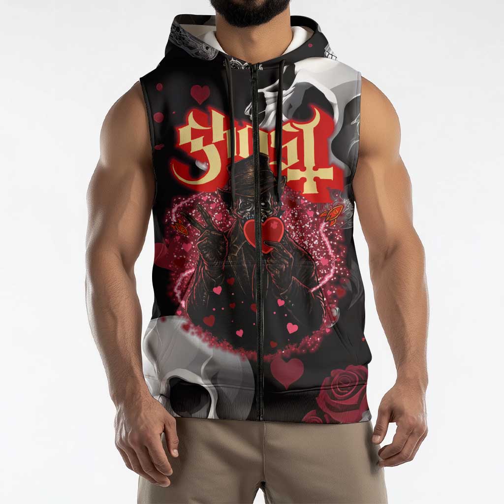 Ghost Valentine Sleeveless Zip Hoodie with Rockets Skull Heart Pattern