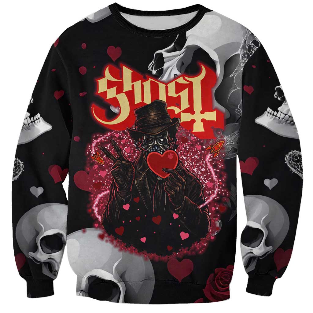Ghost Valentine Sweatshirt with Rockets Skull Heart Pattern