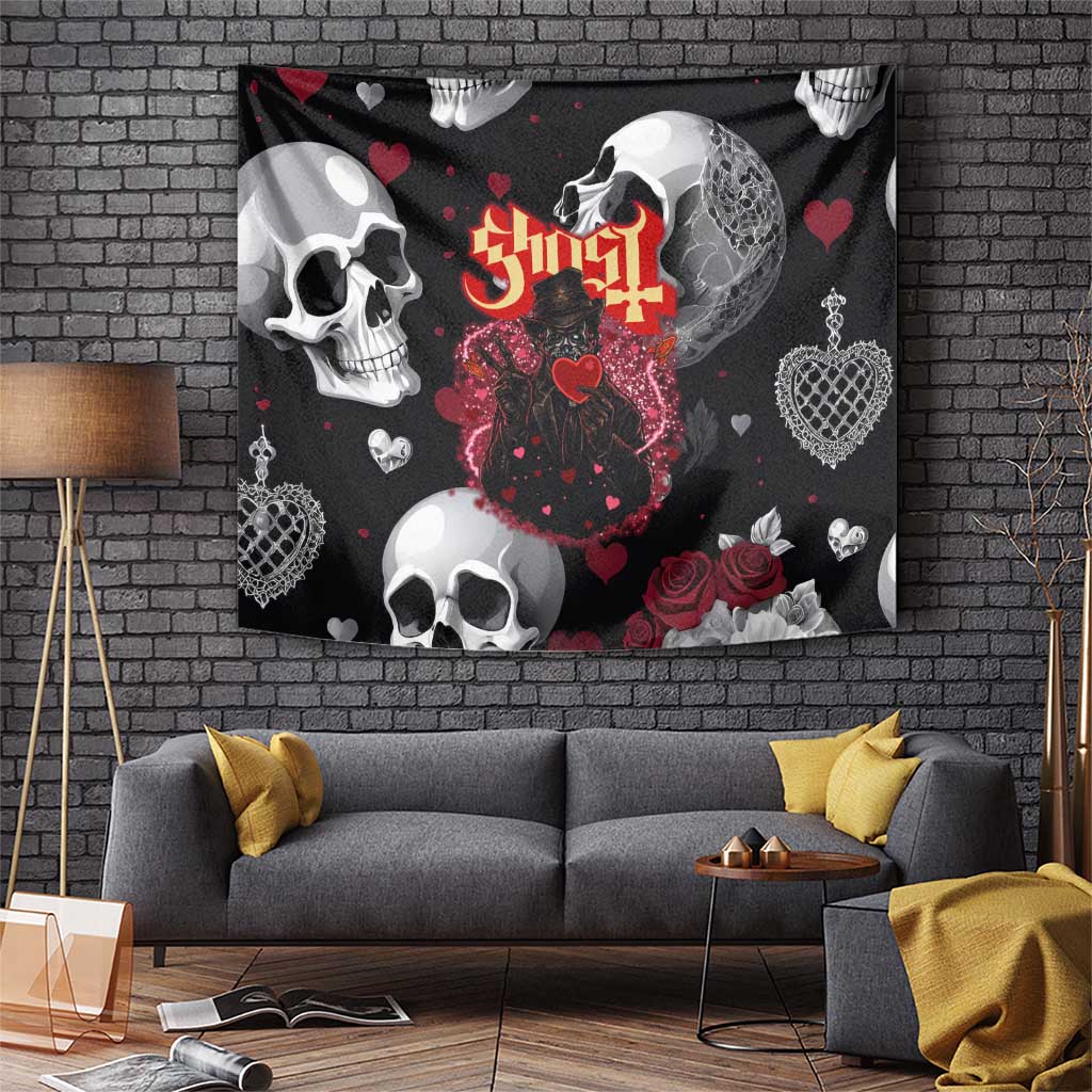 Ghost Valentine Tapestry with Rockets Skull Heart Pattern