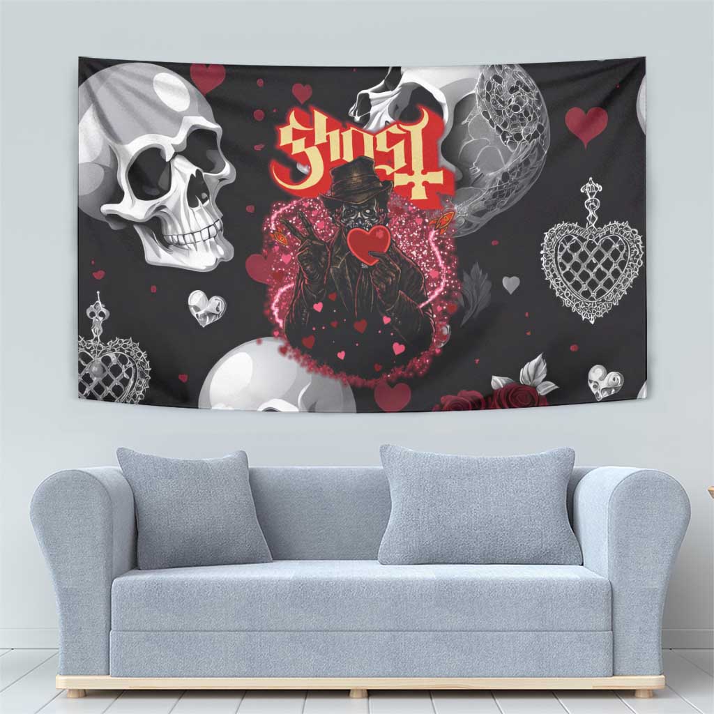 Ghost Valentine Tapestry with Rockets Skull Heart Pattern