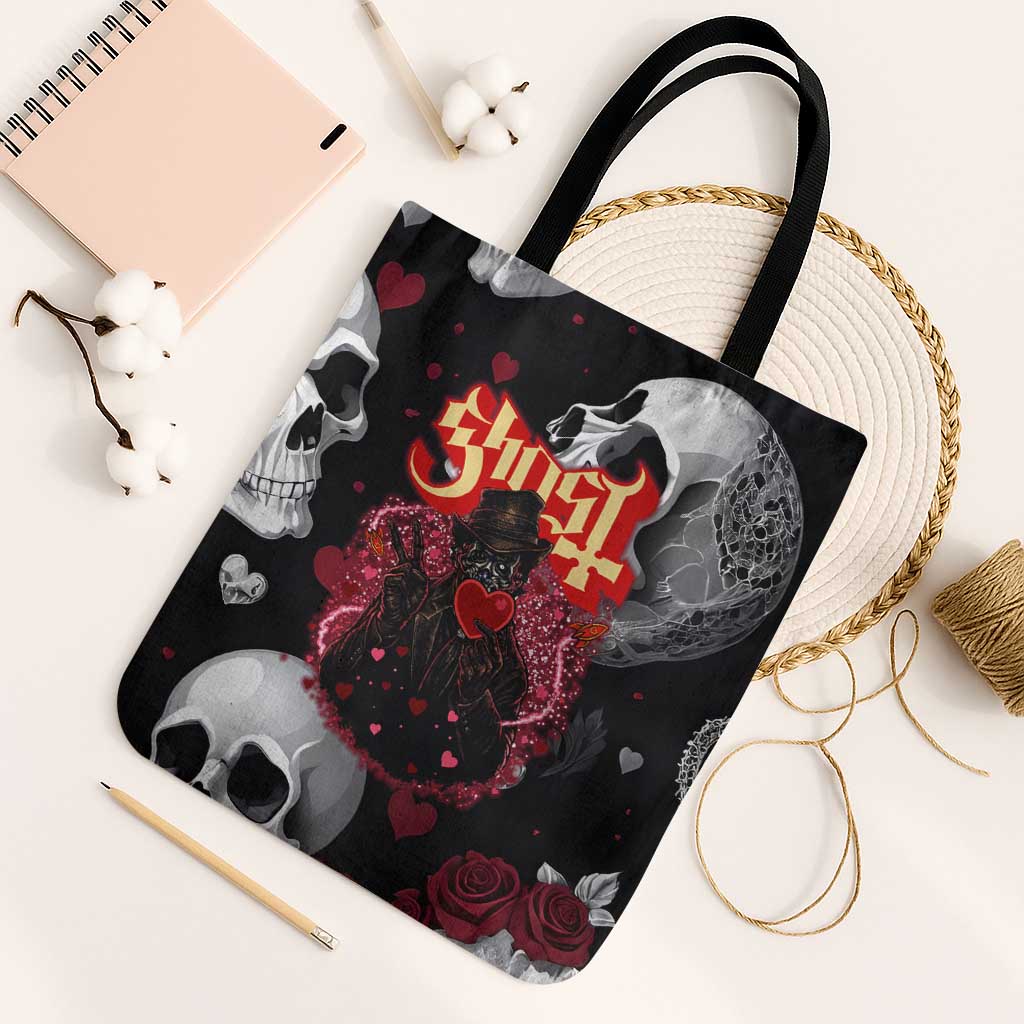Ghost Valentine Tote Bag with Rockets Skull Heart Pattern