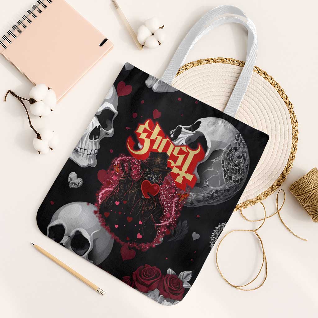 Ghost Valentine Tote Bag with Rockets Skull Heart Pattern
