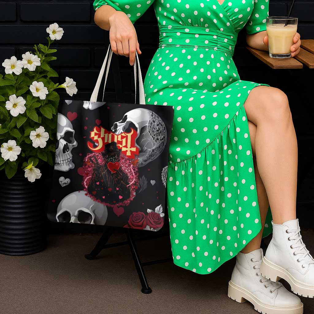Ghost Valentine Tote Bag with Rockets Skull Heart Pattern