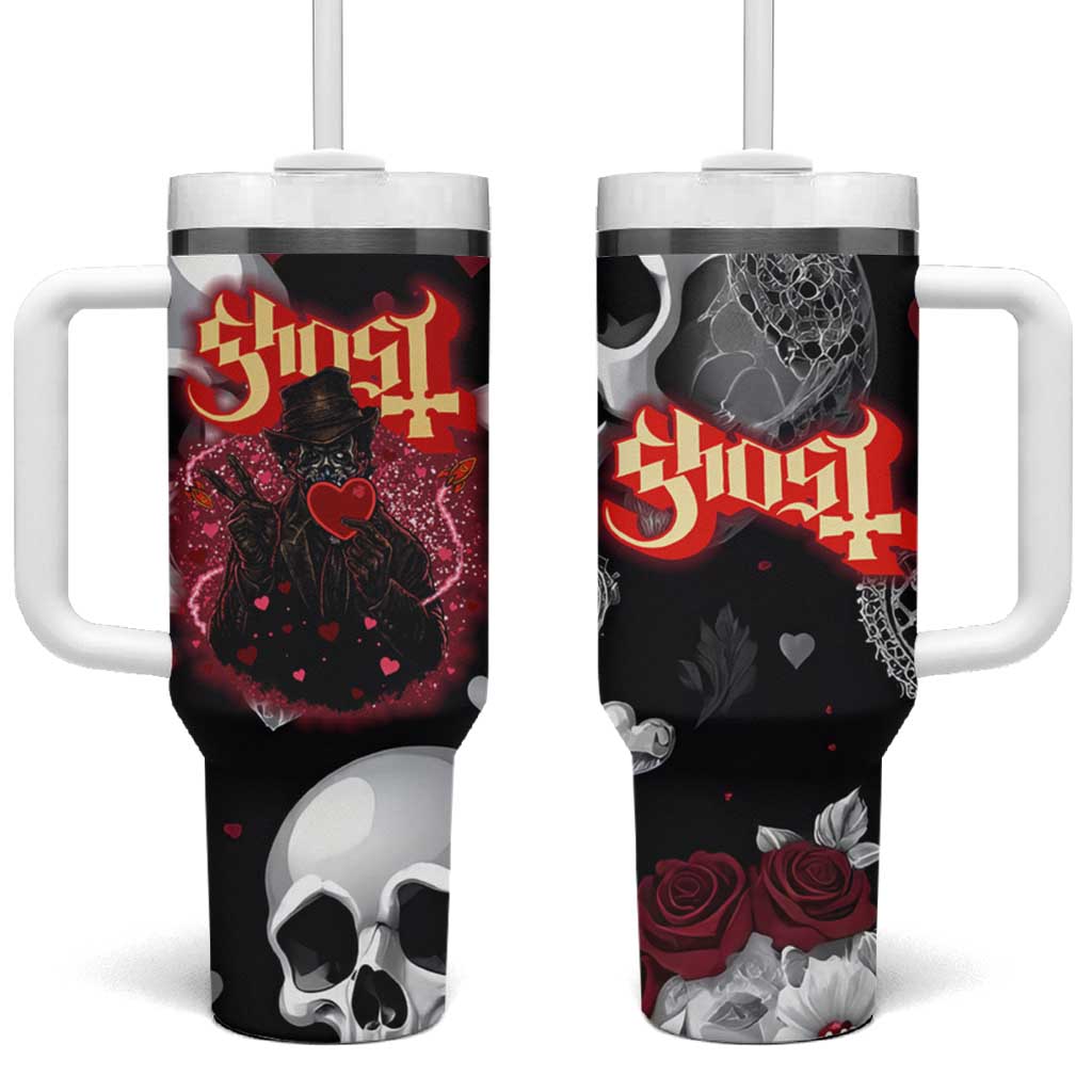 Ghost Valentine Tumbler With Handle with Rockets Skull Heart Pattern