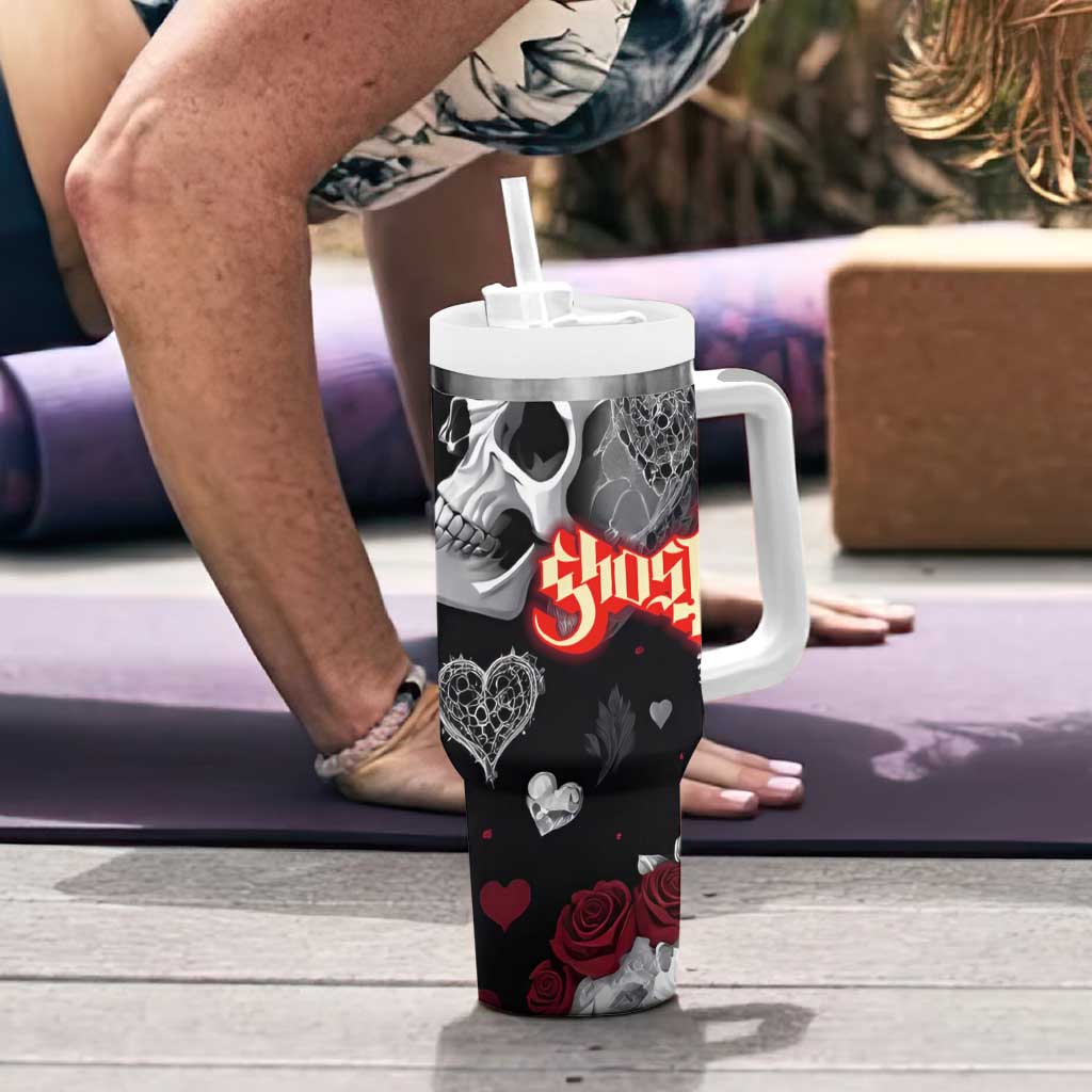 Ghost Valentine Tumbler With Handle with Rockets Skull Heart Pattern