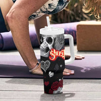 Ghost Valentine Tumbler With Handle with Rockets Skull Heart Pattern