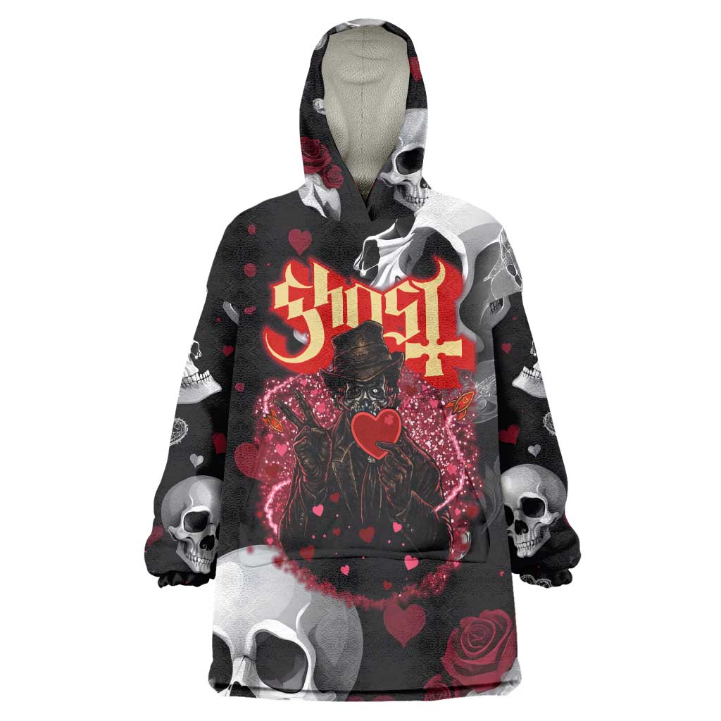 Ghost Valentine Wearable Blanket Hoodie with Rockets Skull Heart Pattern