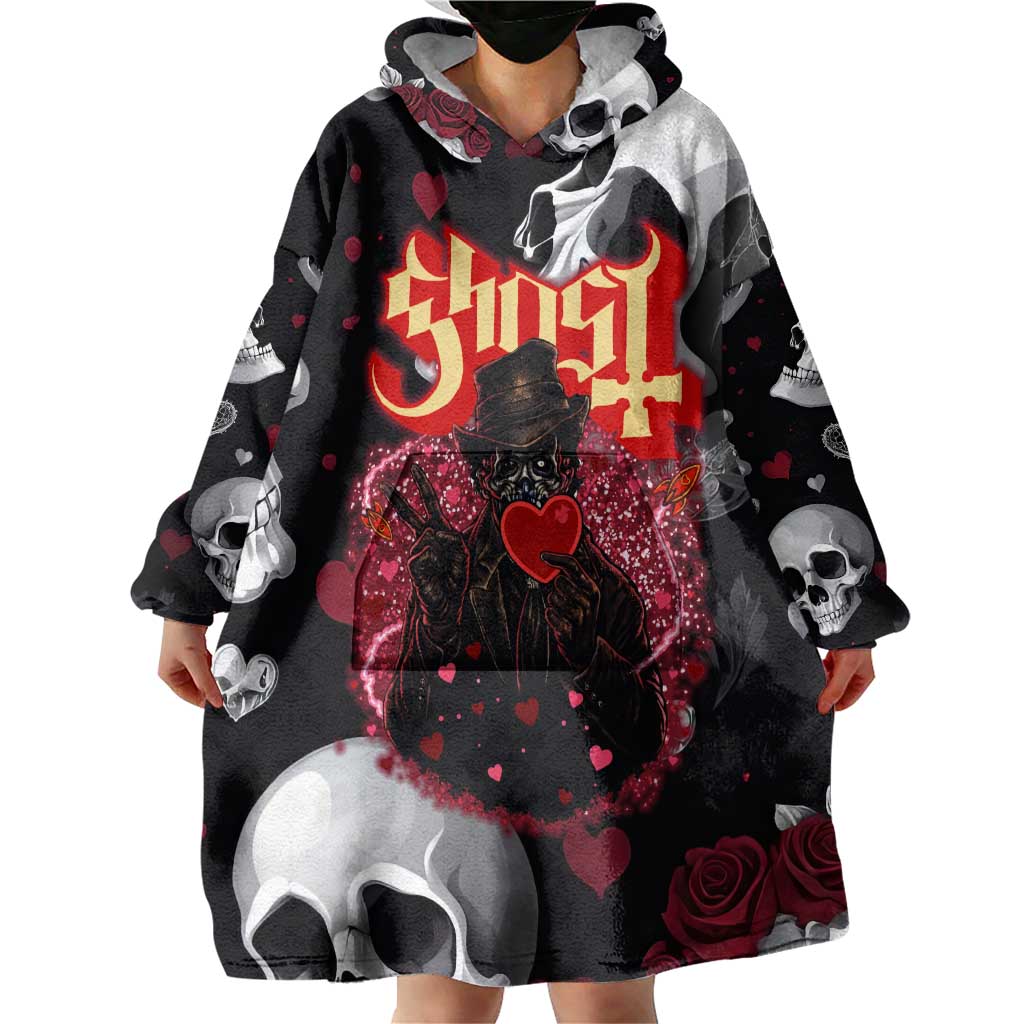 Ghost Valentine Wearable Blanket Hoodie with Rockets Skull Heart Pattern