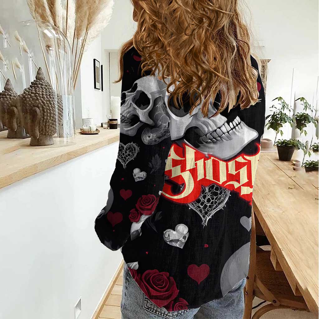 Ghost Valentine Women Casual Shirt with Rockets Skull Heart Pattern