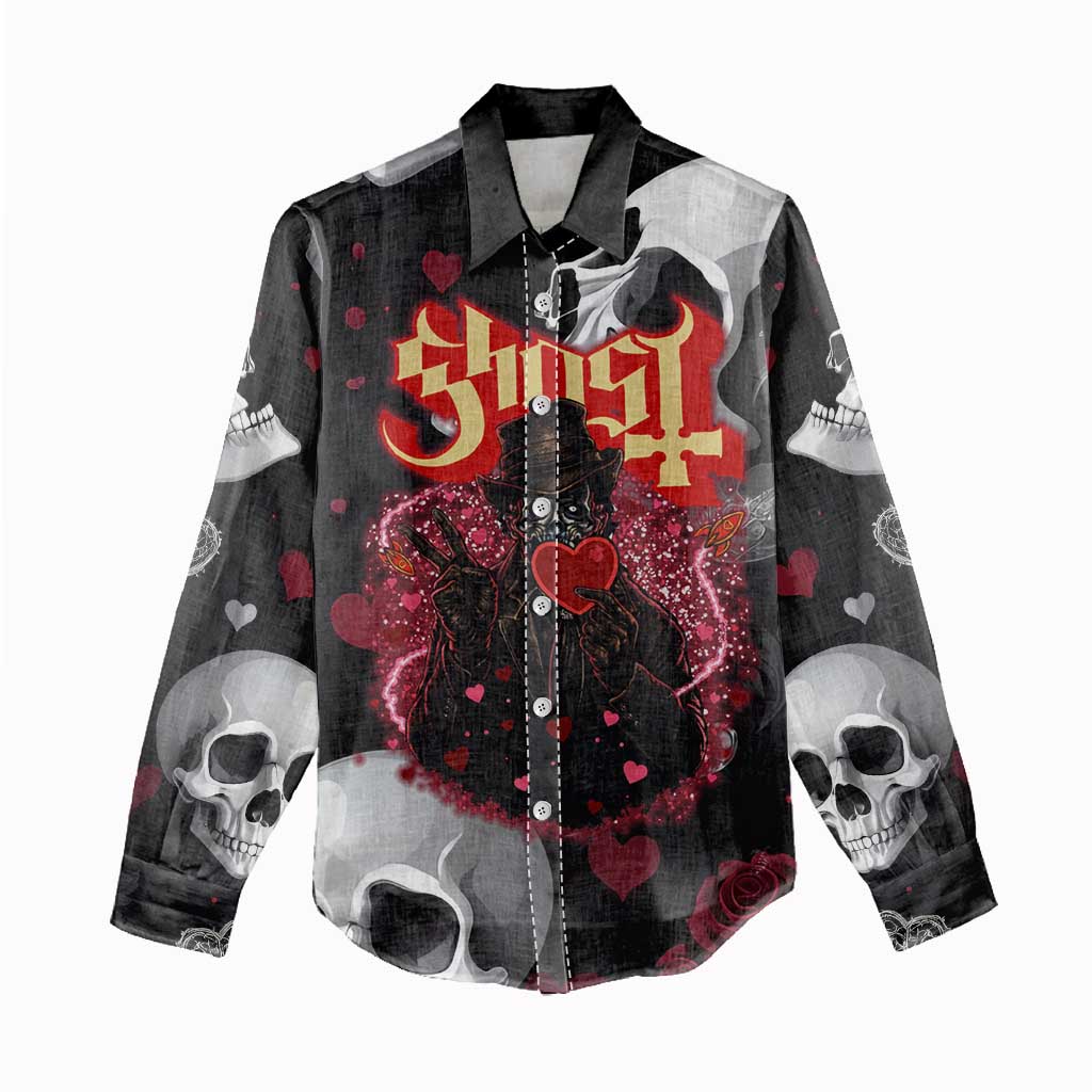 Ghost Valentine Women Casual Shirt with Rockets Skull Heart Pattern