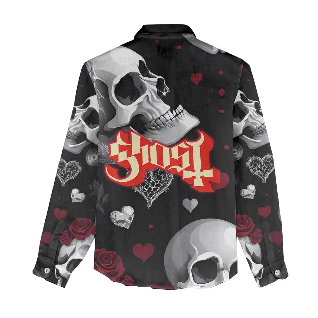 Ghost Valentine Women Casual Shirt with Rockets Skull Heart Pattern