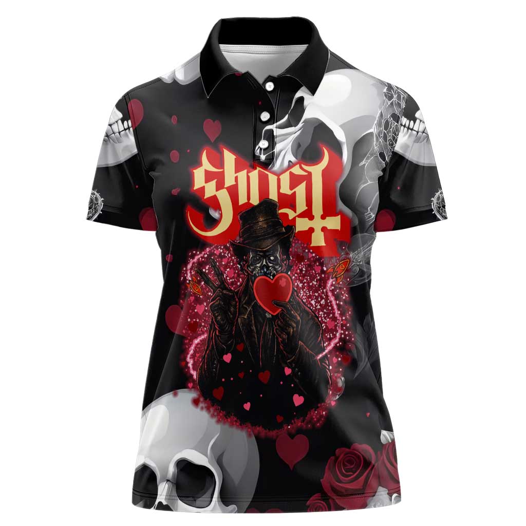 Ghost Valentine Women Polo Shirt with Rockets Skull Heart Pattern