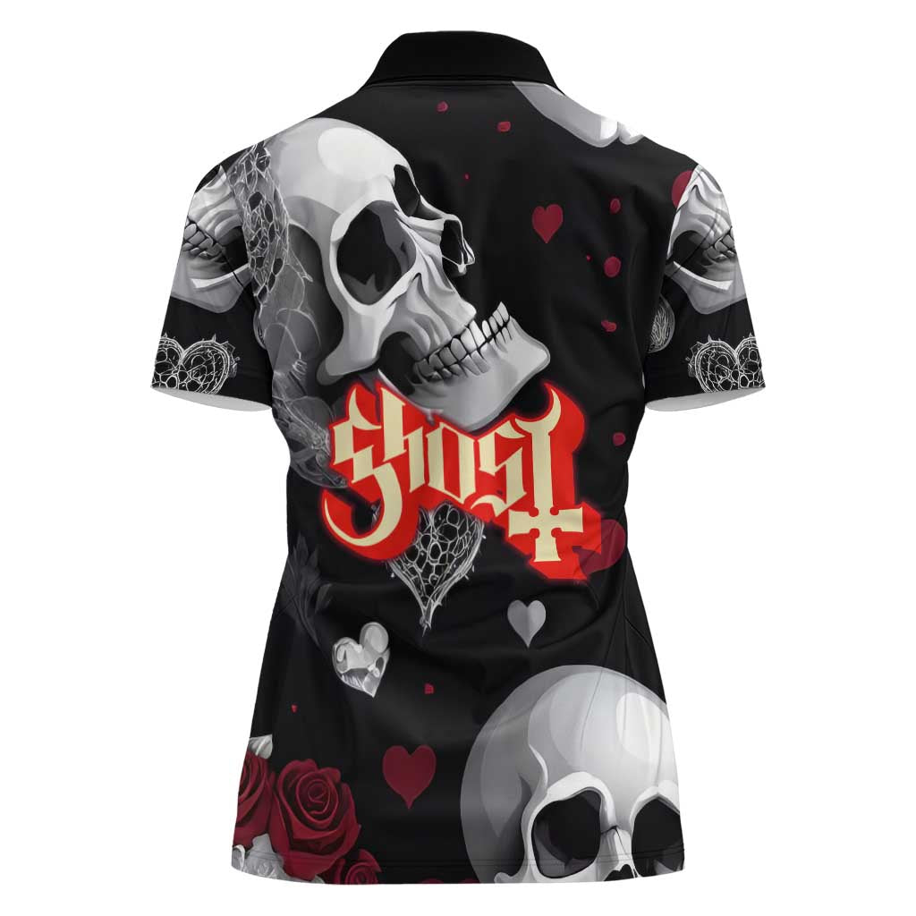 Ghost Valentine Women Polo Shirt with Rockets Skull Heart Pattern