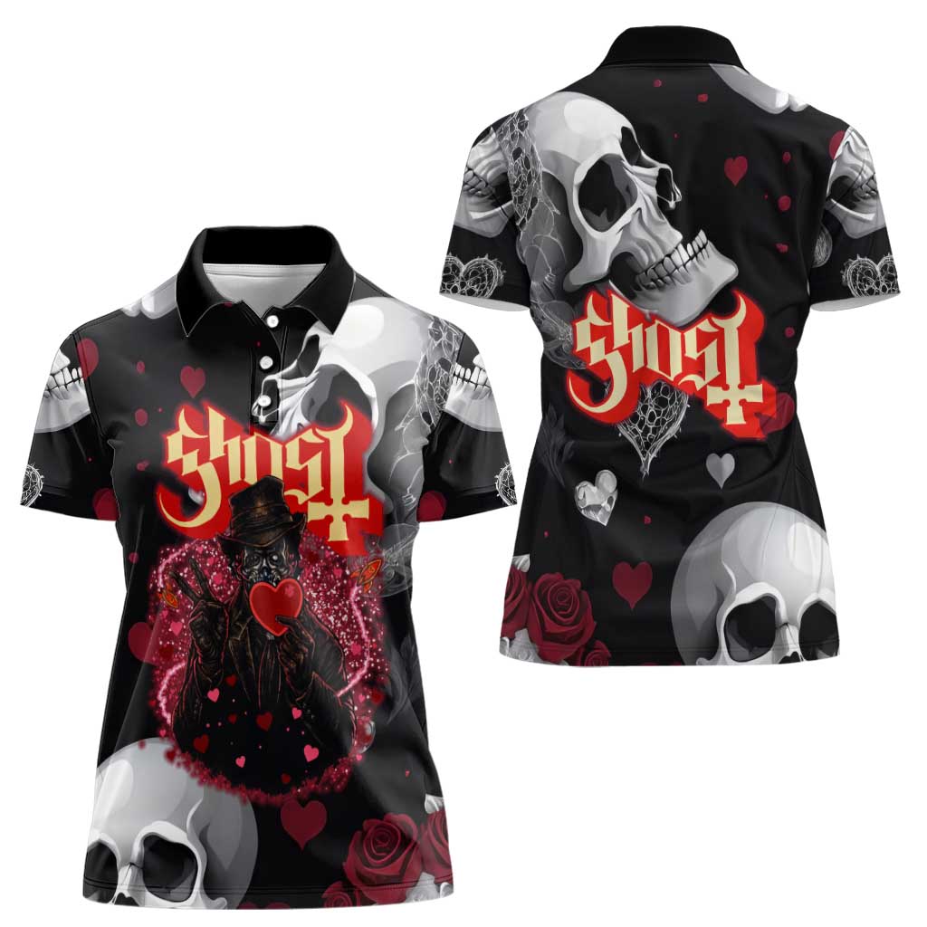 Ghost Valentine Women Polo Shirt with Rockets Skull Heart Pattern