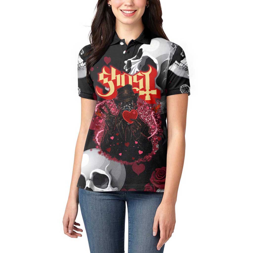 Ghost Valentine Women Polo Shirt with Rockets Skull Heart Pattern