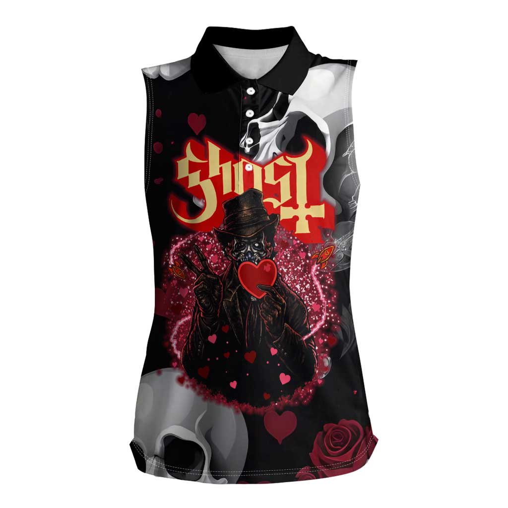 Ghost Valentine Women Sleeveless Polo Shirt with Rockets Skull Heart Pattern