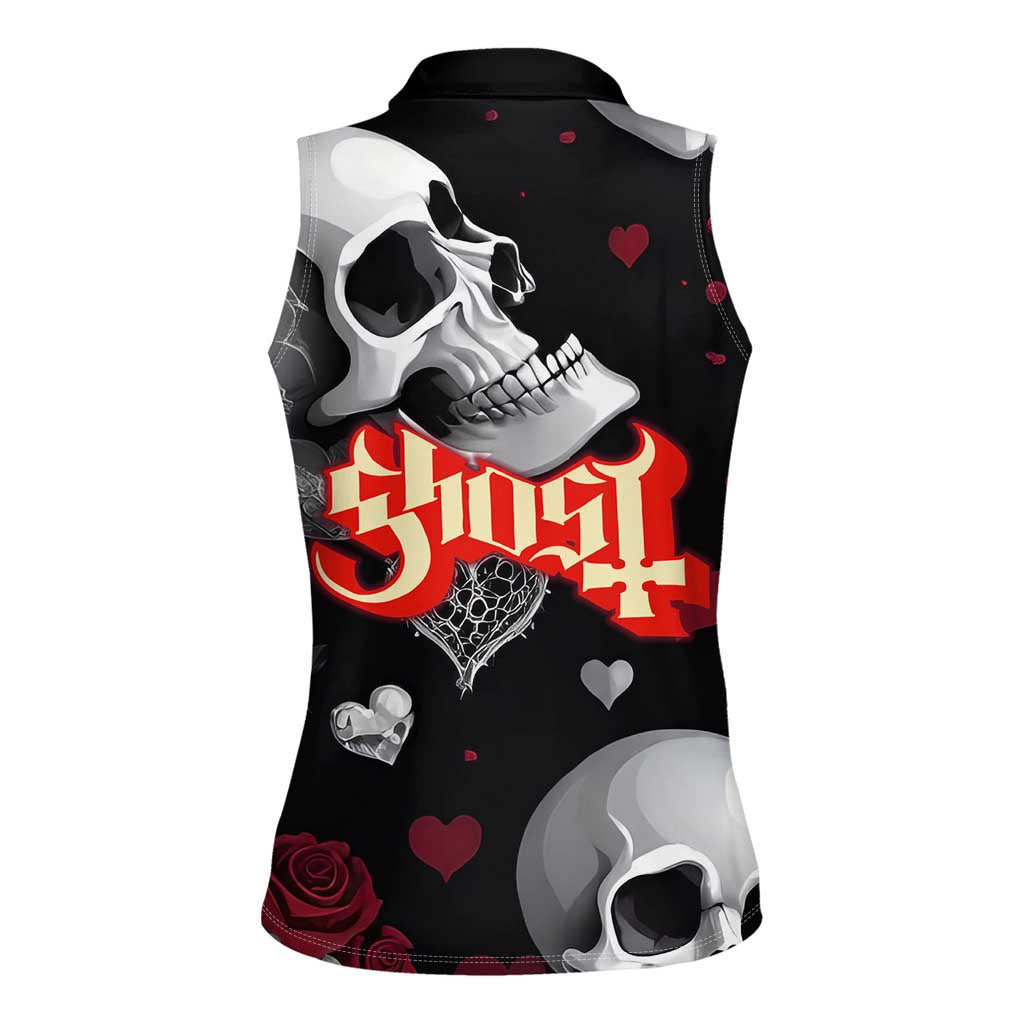 Ghost Valentine Women Sleeveless Polo Shirt with Rockets Skull Heart Pattern