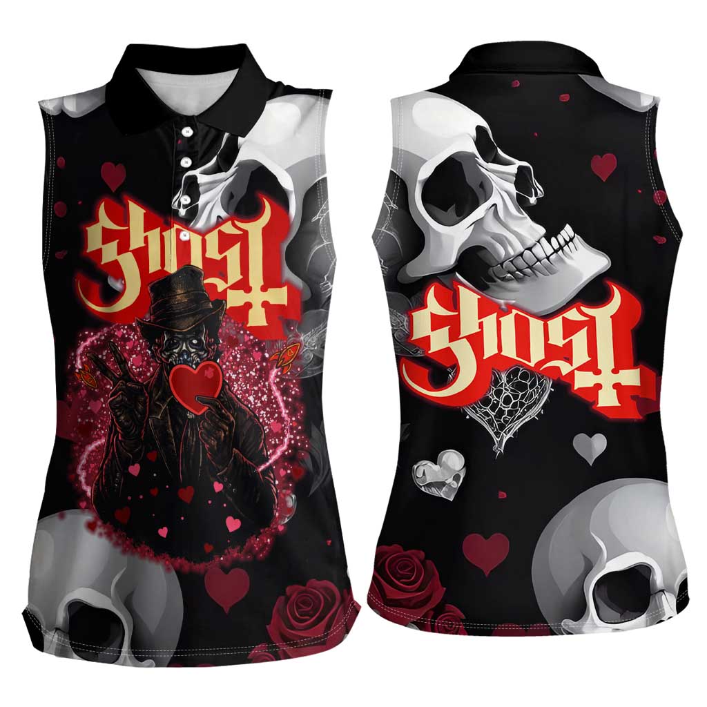 Ghost Valentine Women Sleeveless Polo Shirt with Rockets Skull Heart Pattern
