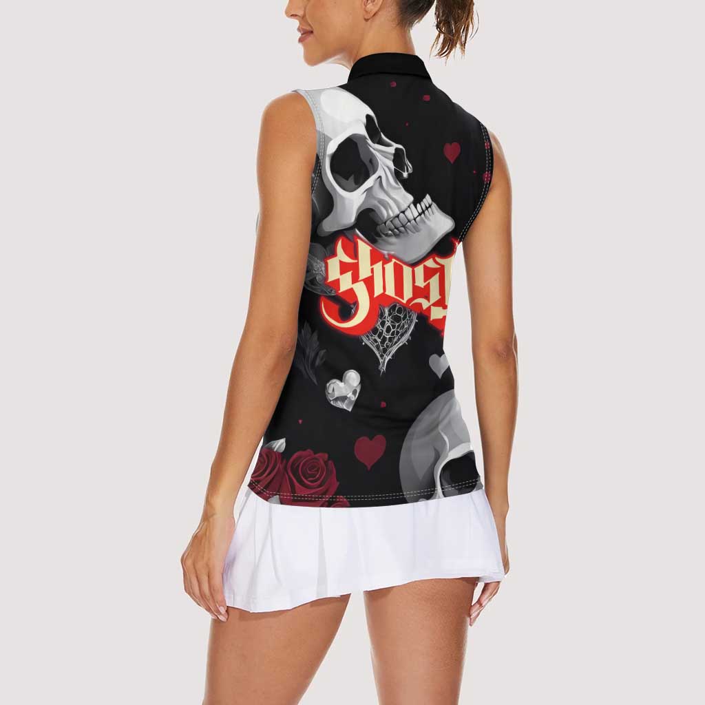 Ghost Valentine Women Sleeveless Polo Shirt with Rockets Skull Heart Pattern