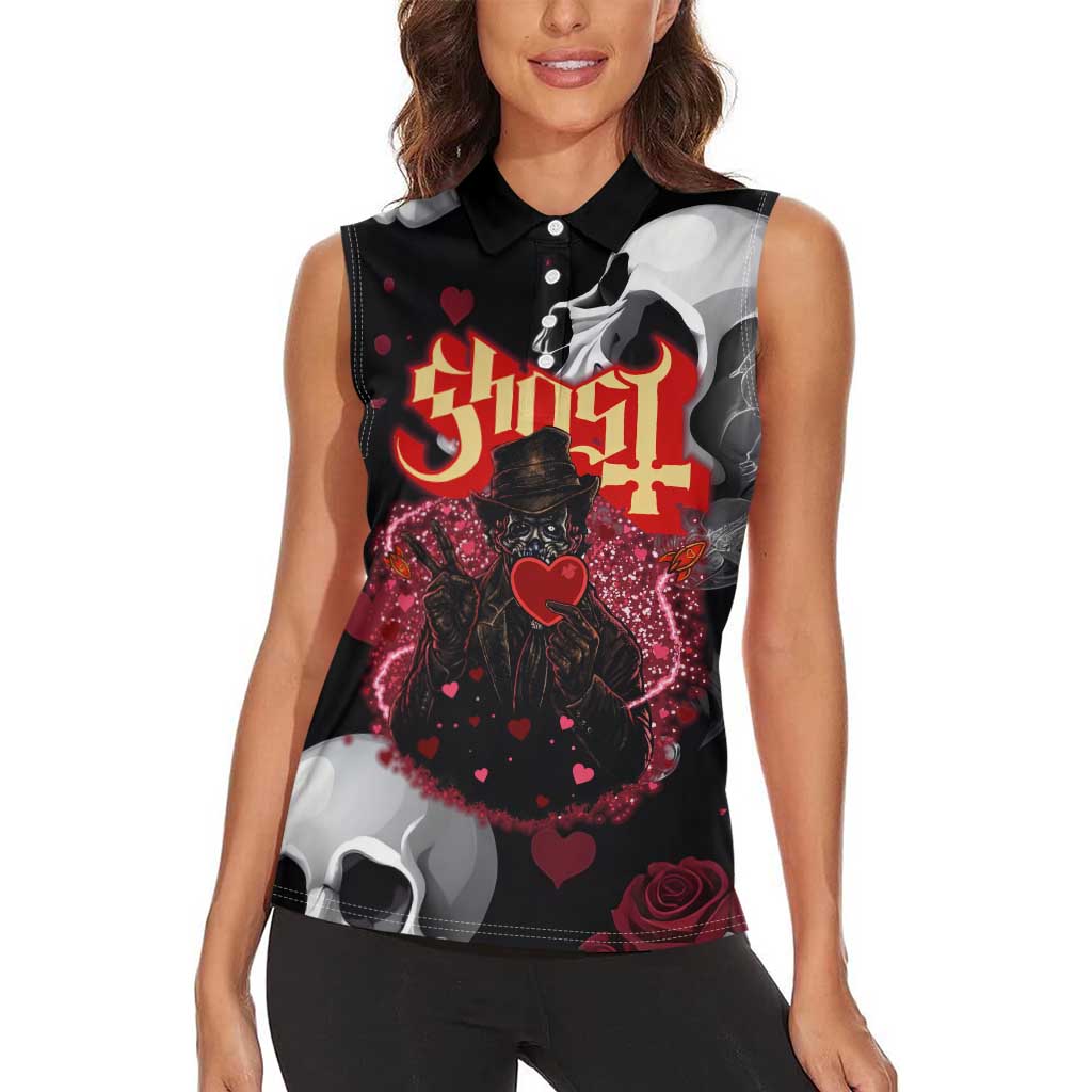 Ghost Valentine Women Sleeveless Polo Shirt with Rockets Skull Heart Pattern