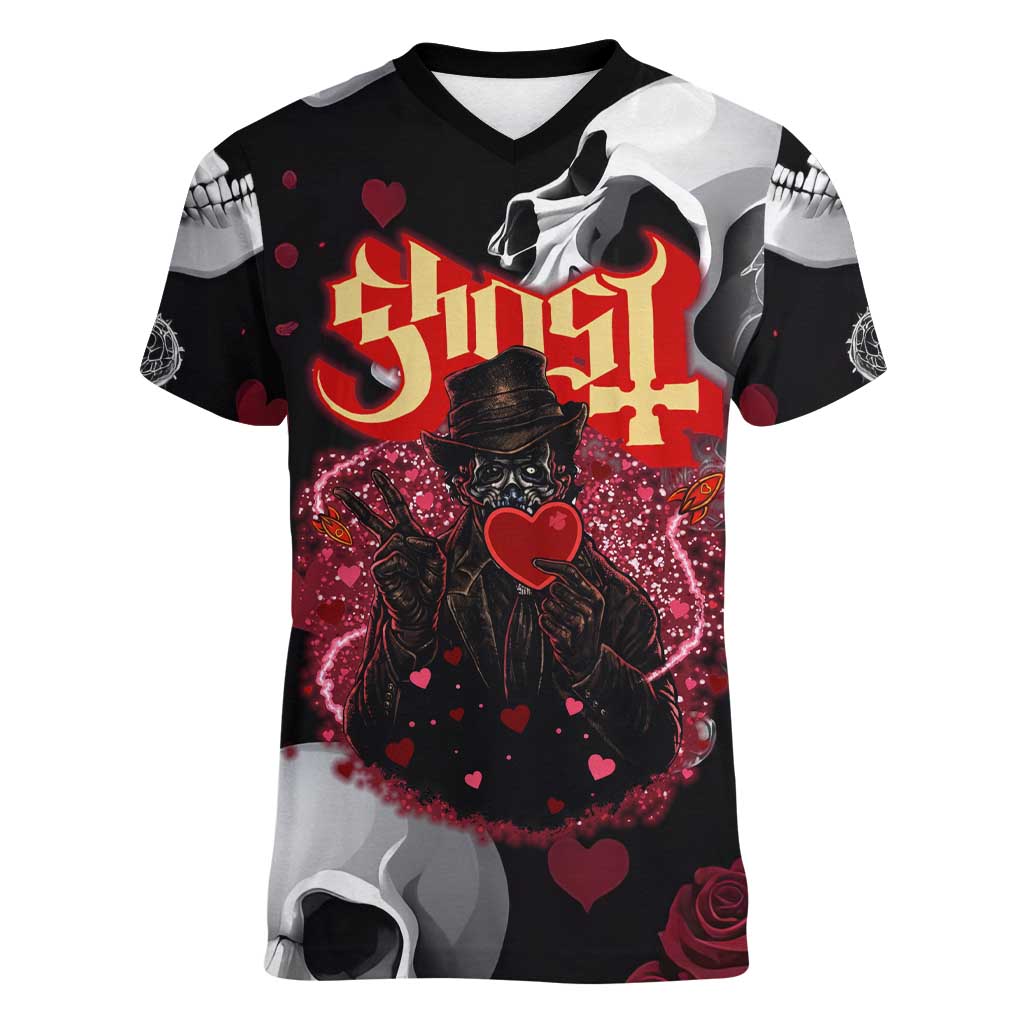 Ghost Valentine Women V-Neck T-Shirt with Rockets Skull Heart Pattern