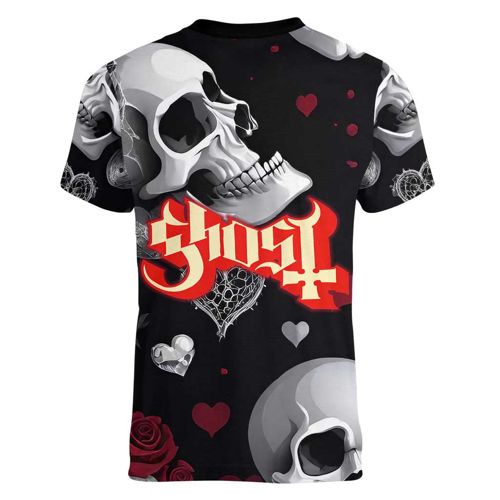 Ghost Valentine Women V-Neck T-Shirt with Rockets Skull Heart Pattern