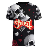 Ghost Valentine Women V-Neck T-Shirt with Rockets Skull Heart Pattern