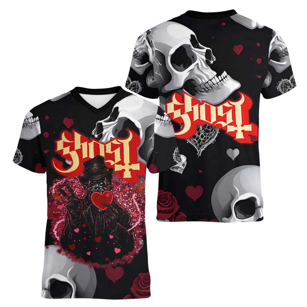 Ghost Valentine Women V-Neck T-Shirt with Rockets Skull Heart Pattern