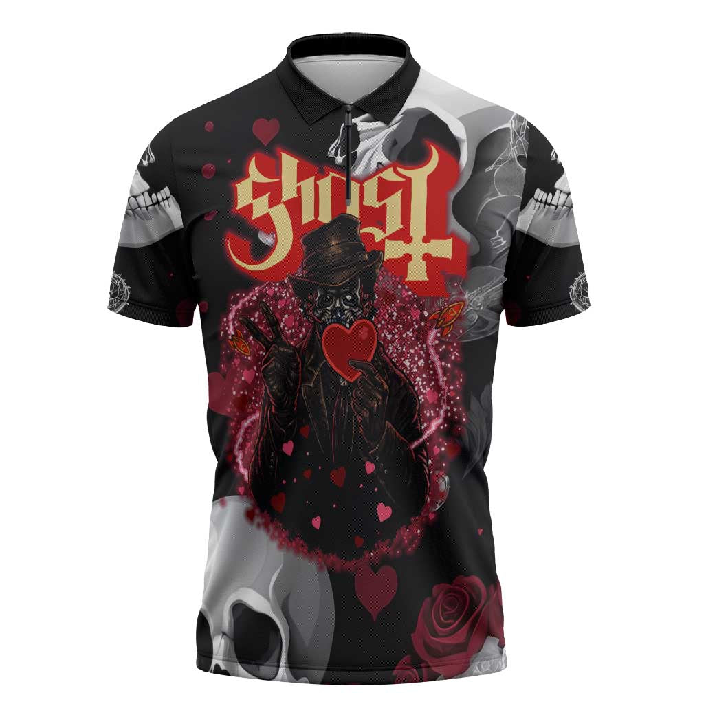 Ghost Valentine Zipper Polo Shirt with Rockets Skull Heart Pattern