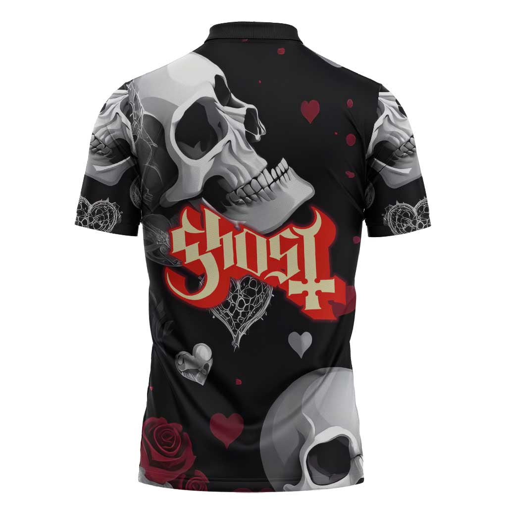 Ghost Valentine Zipper Polo Shirt with Rockets Skull Heart Pattern