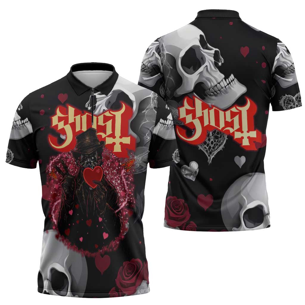 Ghost Valentine Zipper Polo Shirt with Rockets Skull Heart Pattern