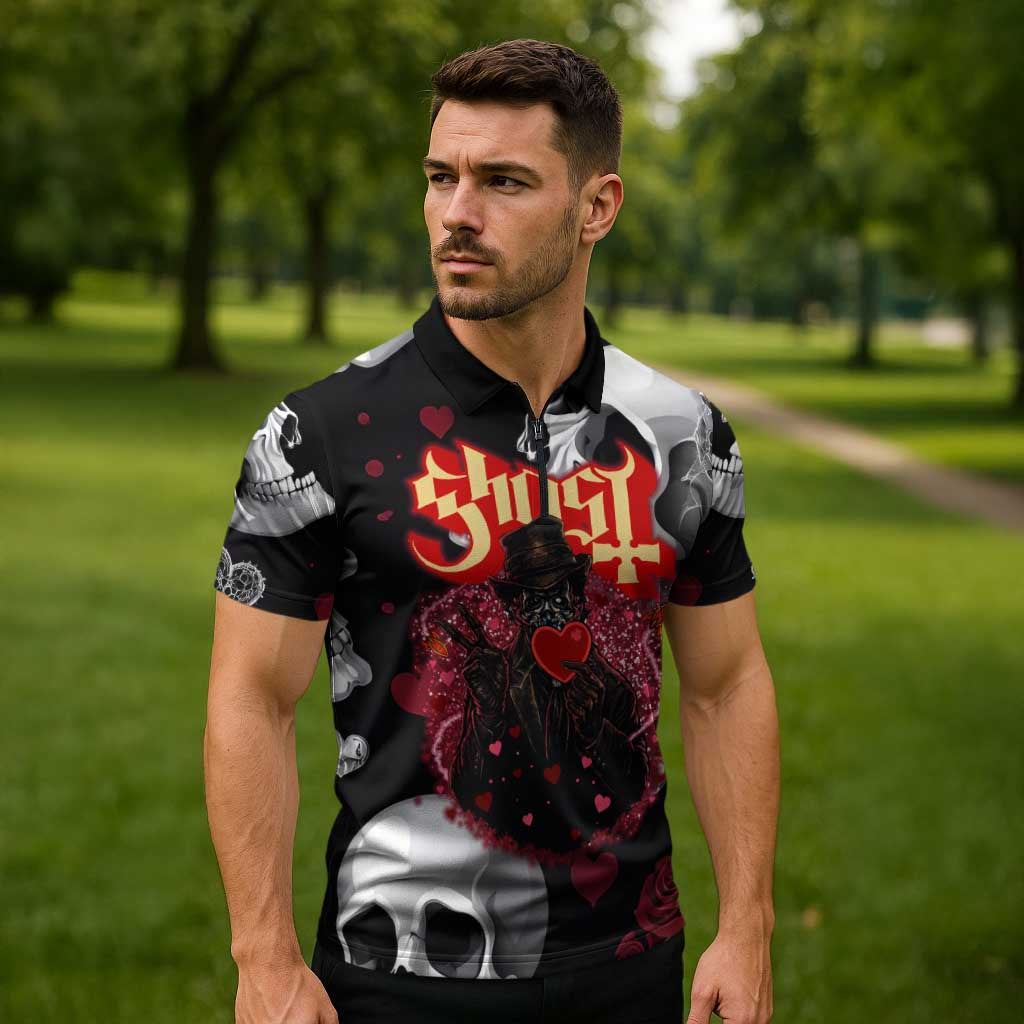 Ghost Valentine Zipper Polo Shirt with Rockets Skull Heart Pattern