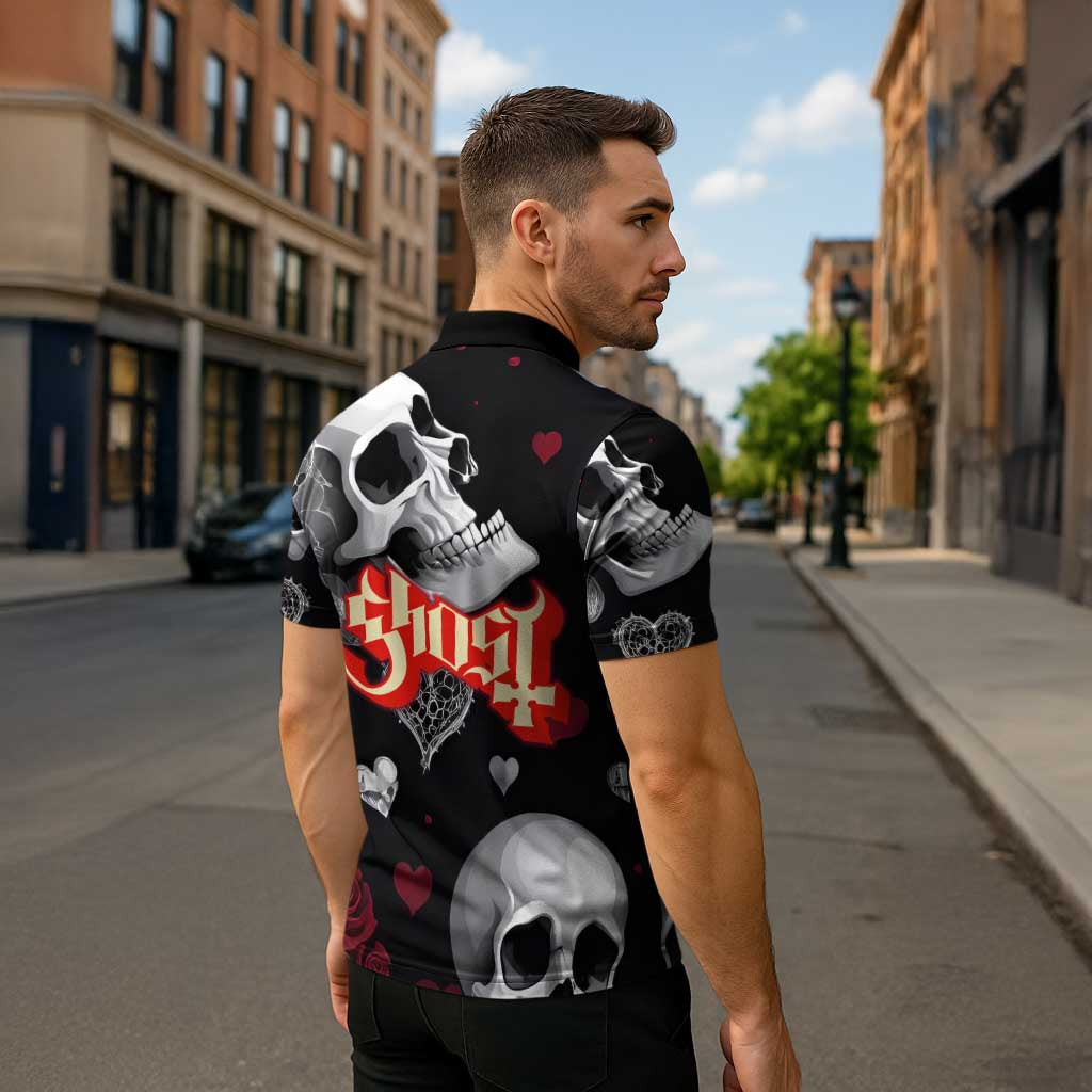 Ghost Valentine Zipper Polo Shirt with Rockets Skull Heart Pattern