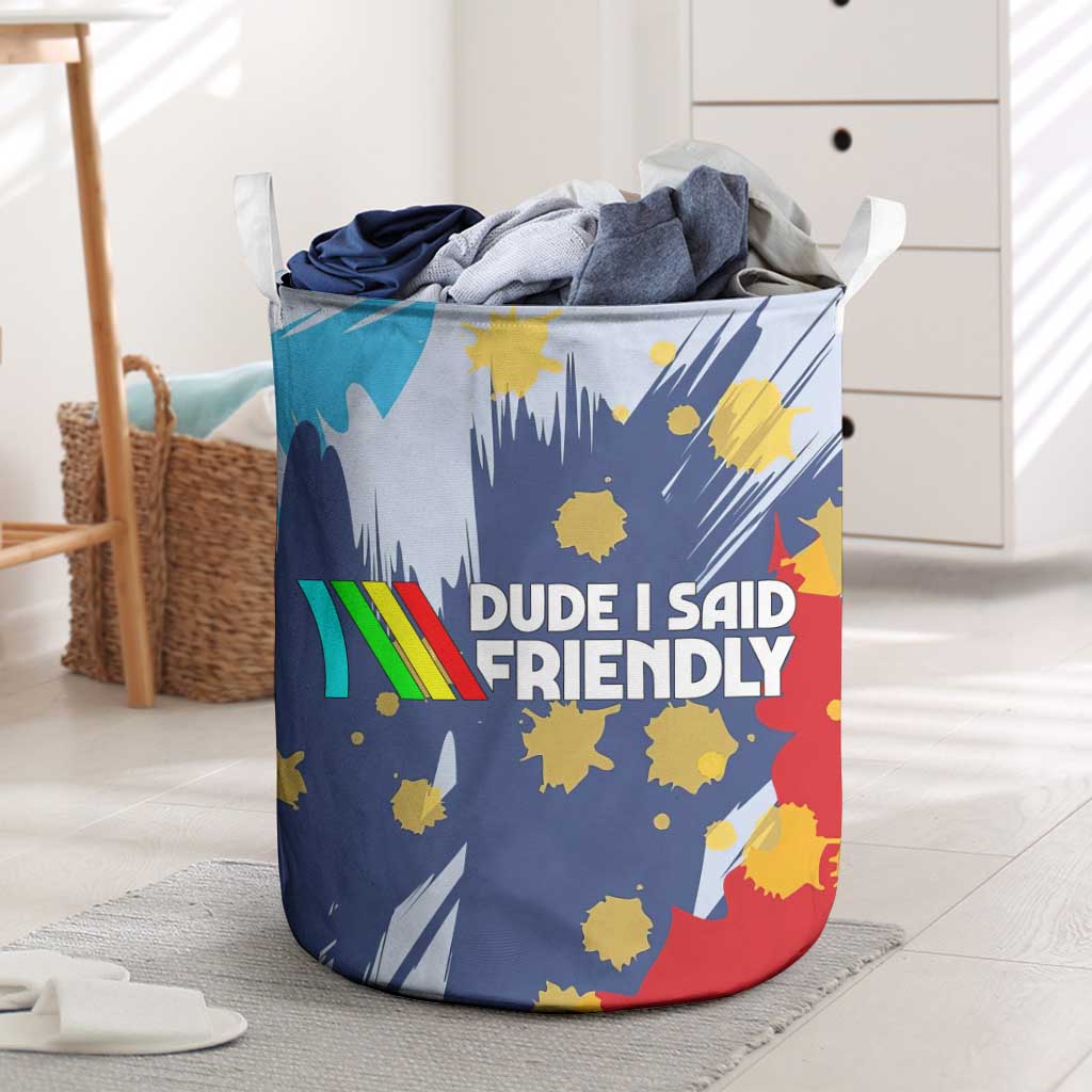 Dude I Said Friendly Graphic Laundry Basket with Gold Paint Splatter and Retro Stripes
