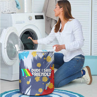 Dude I Said Friendly Graphic Laundry Basket with Gold Paint Splatter and Retro Stripes