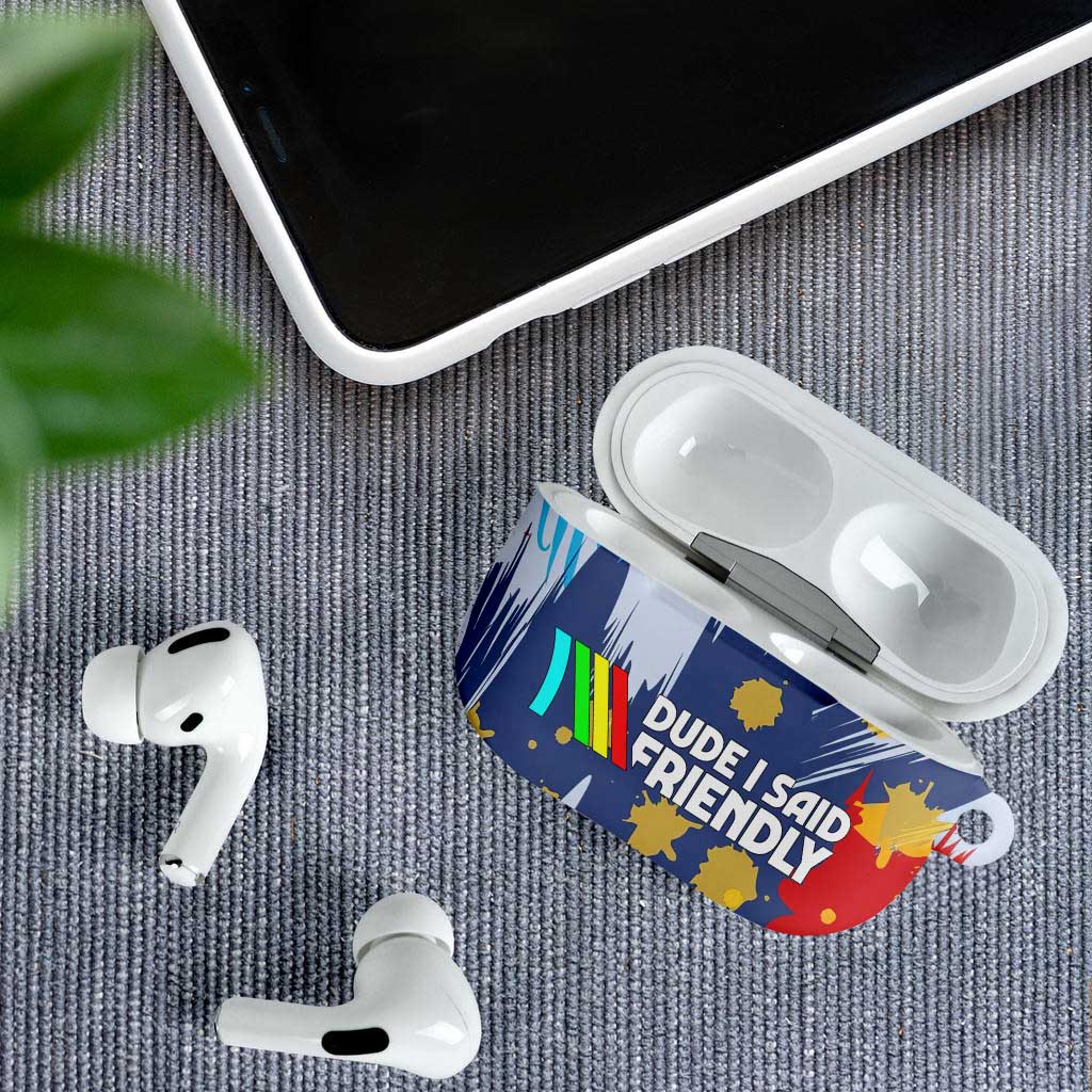 Dude I Said Friendly Graphic AirPods Case with Gold Paint Splatter and Retro Stripes