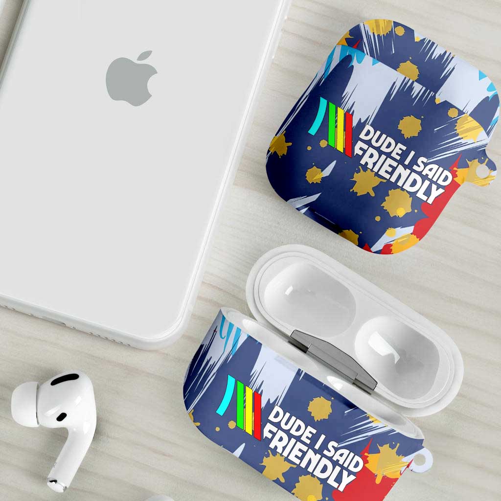 Dude I Said Friendly Graphic AirPods Case with Gold Paint Splatter and Retro Stripes