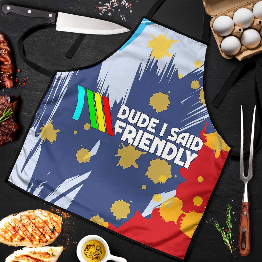 Dude I Said Friendly Graphic Apron with Gold Paint Splatter and Retro Stripes