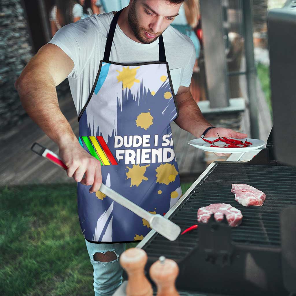 Dude I Said Friendly Graphic Apron with Gold Paint Splatter and Retro Stripes